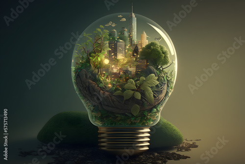 Ecological light bulb city, green, made with Generative AI