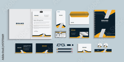 Corporate identity template. Business stationery set with geometric elements. Corporate identity mock-up set includes of letterhead,folder, envelope, identity card, and visiting card.