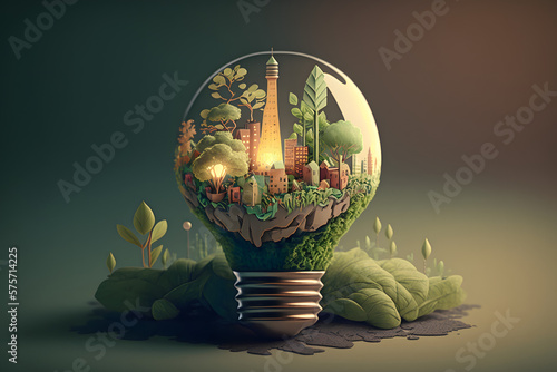 Ecological light bulb city, green, made with Generative AI