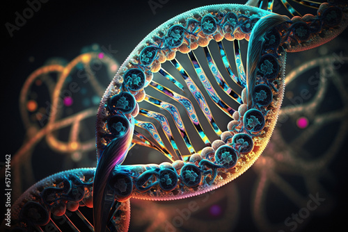 The DNA Journey. An illustration representing the evolution of human DNA through time. Ai generated.
