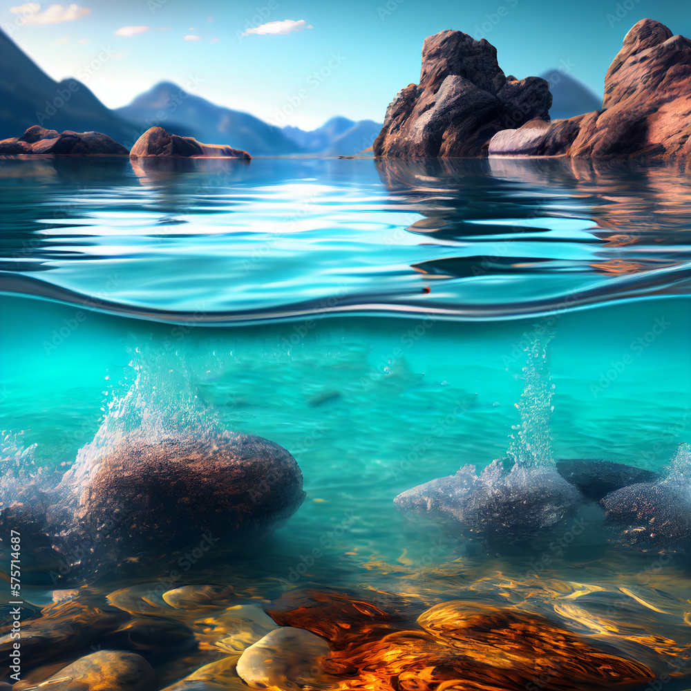 Water spring on mountains background. Clear streams of mountain water. Ai generative