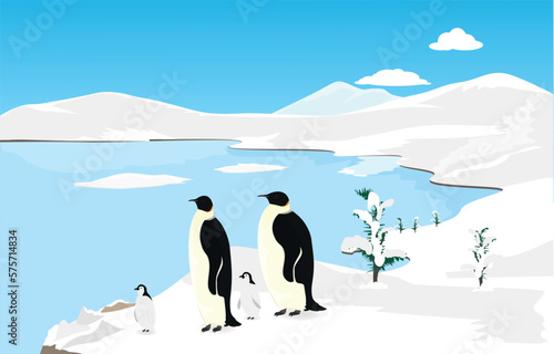 Penguin family of 4 by the sea at the pole