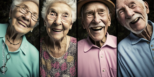 Slika na platnu Four elderly people smiling to the camera downward - Generative AI