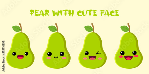 CUTE PEAR ,HAPPY CUTE SET OF SMILING PEAR FACE . VECTOR ILLUSTRATION photo