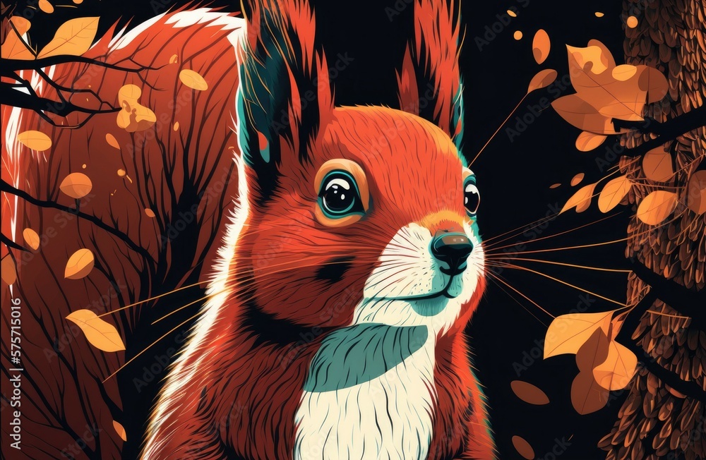 Fototapeta premium Eurasian red squirrels (Sciurus vulgaris) in the fall woods, where they belong. A detailed headshot of a squirrel is presented. The forest is a riot of warm, vibrant hues. Generative AI
