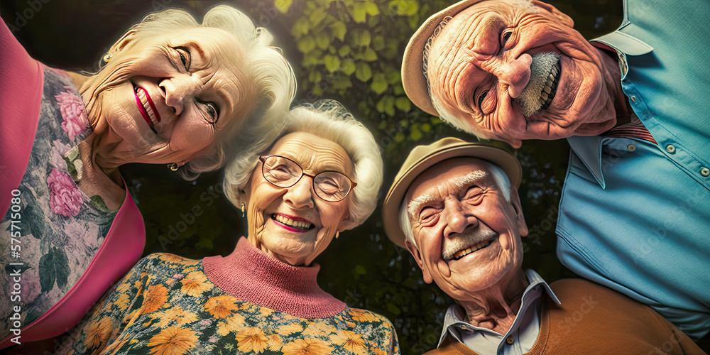 A group of elderly people smiling to the camera looking downward - Generative AI