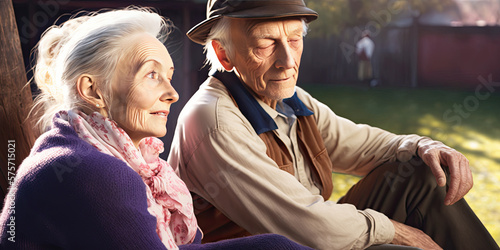 A happy elderly couple seating outdoor in the sunlight - Generative AI