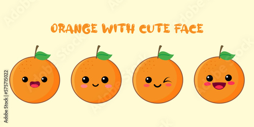 CUTE ORANGE ,HAPPY CUTE SET OF SMILING ORANGE FACE . VECTOR ILLUSTRATION