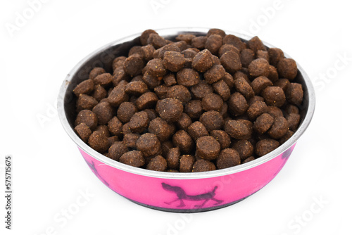 Dog food in a silver bowl. In the center. Copy, text sapce.