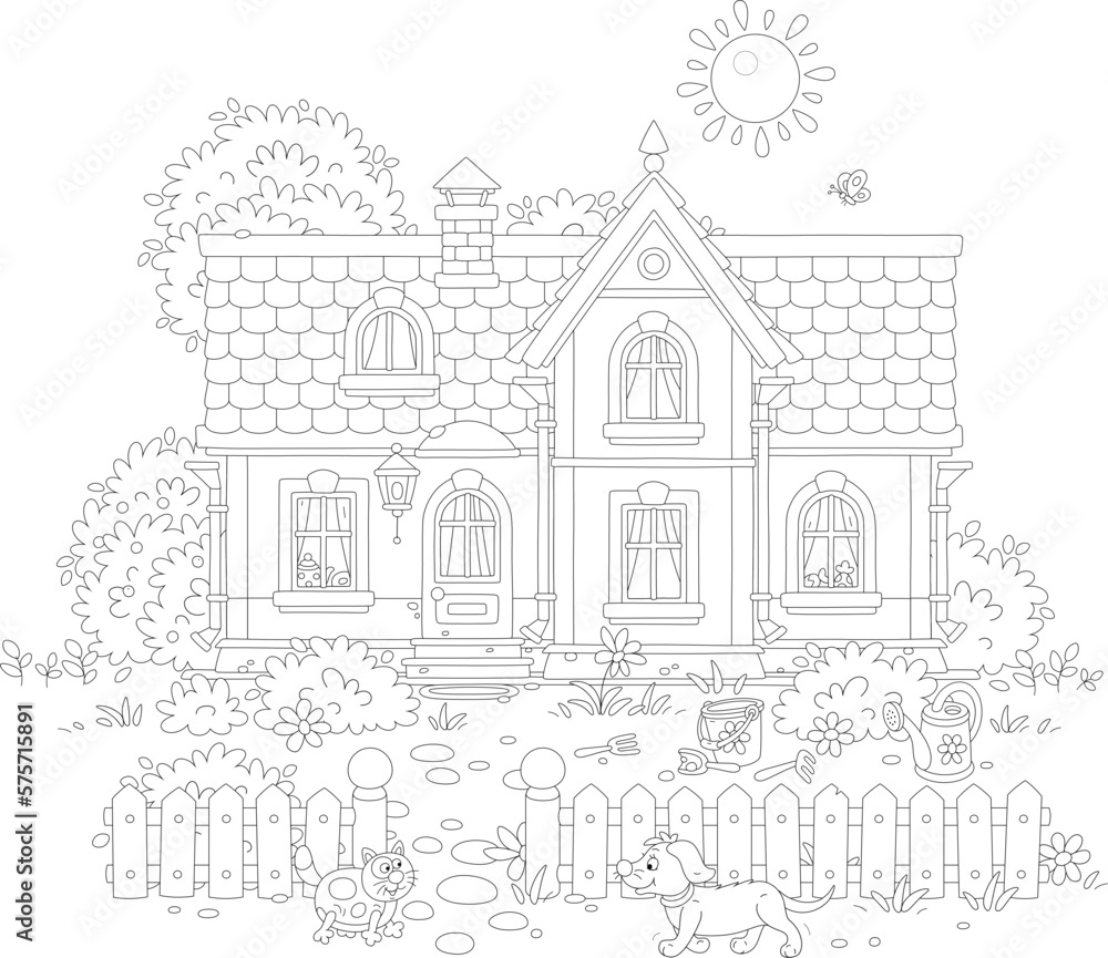 Funny cat and dog walking around a pretty country house and a small courtyard with a fence, trees and bushes on a sunny summer day, black and white vector cartoon for a coloring book