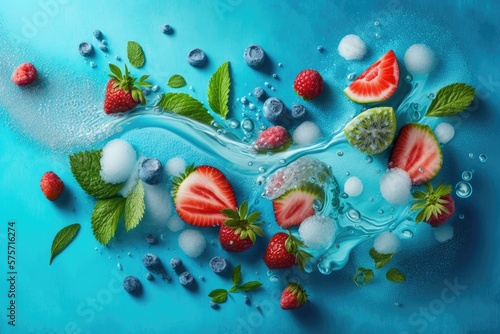 Mojito, lemonade, and smoothie fixings. Blue background with water droplets, frozen strawberries, and fresh mint. Supplies of fruits and berries to last through the cold season. Extreme close up of fr