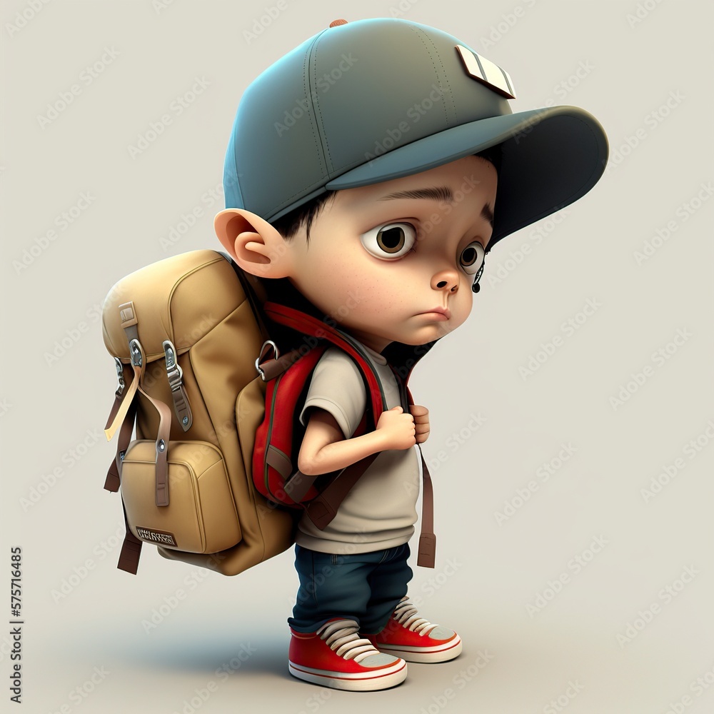 cartoon illustration, of a little boy with backpack and hat, ai generative  Stock Illustration | Adobe Stock