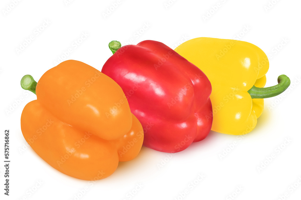 Orange, red and yellow peppers on an isolated white background. Orange, red and yellow peppers on an isolated white background.