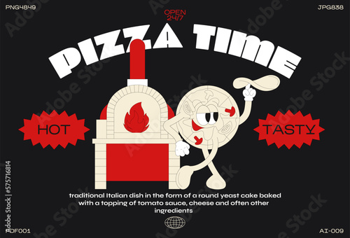 Cartoon characters retro pizza 90s. Fashion poster. funny colorful doodle style characters of pepperoni, pizza oven, pizzeria, salami with gloved hands. Vector groovy illustration with typography