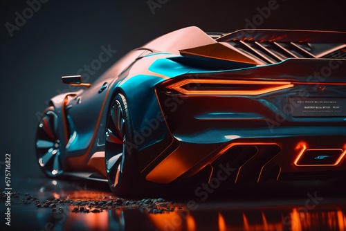 Exotic orange and blue futuristic sports car isolated on black background illustrated with generative AI © Grego