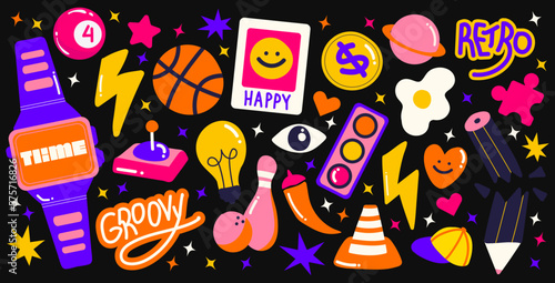 Retro 90s hippie stickers, acid psychedelic groovy elements. Cartoon funky clock, traffic light, vinyl, vintage set of hippie style vector elements.