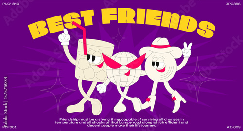 Cartoon characters retro party 90s. Fashion poster best friends. funny colorful characters in doodle style cowboys, disco ball, music, star, dancing with gloved hands. Vector groovy illustration