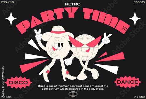 Cartoon characters retro party 90s. Fashion poster. funny colorful characters in doodle style cowboys, disco ball, music, star, dancing with gloved hands. Vector groovy illustration with typography