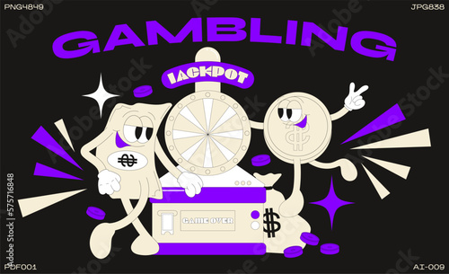 Casino cartoon characters and 90s money. Fashion poster. funny colorful characters in doodle style, gambling, currency, dollar, bitcoin with gloved hands. Vector groovy illustration with typography