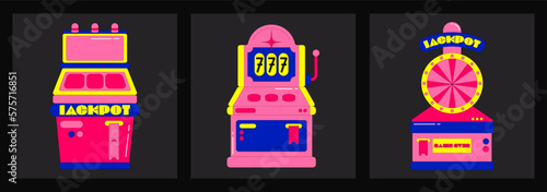 Retro casino slot machines 90s style. jackpot, gambling, winning. cartoon illustration