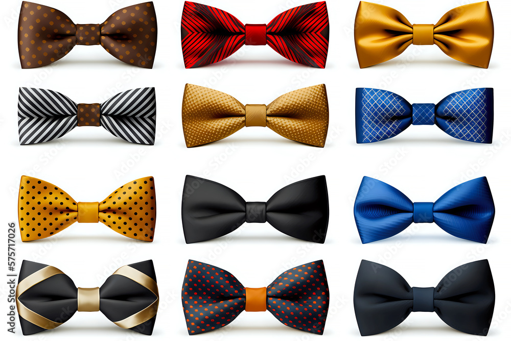 A set of various colorful masculine visual style bow tie designs isolated on white background. Generative AI A set of various colorful masculine visual style bow tie designs isolated on white background. Generative AI