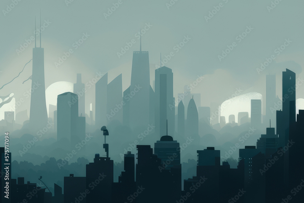 smoggy skyline of large city, with layer of haze obscuring the view The image highlights the impact of air pollution on urban areas AI generation. smoggy skyline of large city, with layer of haze obscuring the view The image highlights the impact of air pollution on urban areas AI generation.