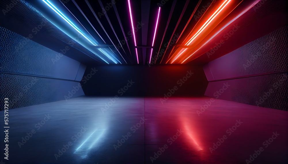 Neon light garage 3d on dark background. Neon dark room, future empty garage. Blue, red glow