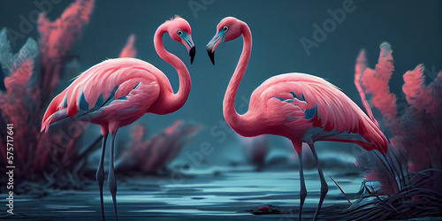 Pink Flamingo. Wildlife animal scene from nature. Flamingo in nature habitat. Beautiful water bird. Ai Generative