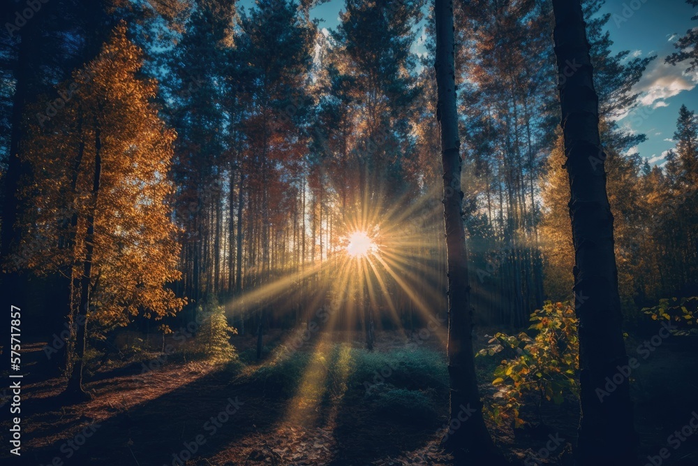 Amazing autumn sunset in the woods, captured in a panoramic view. Comfortable late summer sunset in the woods. Slanting rays of sunshine penetrating the forest. Generative AI