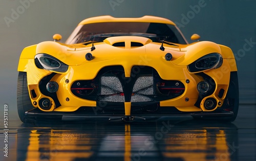 yellow generic exotic sports car in a dark studio background illustrated with generative AI