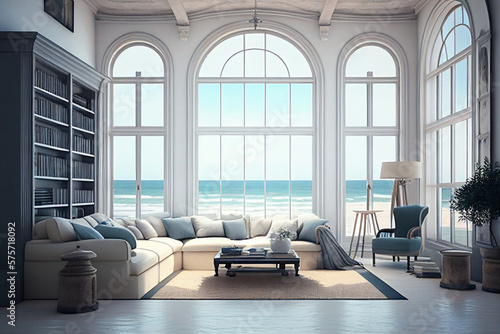 Large living room with a sea view in a lavish summer beach home with no furniture. interior of a holiday house or villa. Generative AI