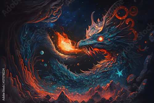 Watter dragon dominates the cosmic ocean of lava  oil paint  made with Generative AI