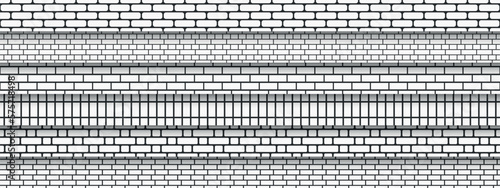 Set of brick wall seamless patterns. Simple black and white endless backgrounds. Minimalistic geometric mosaic repeatable textures.