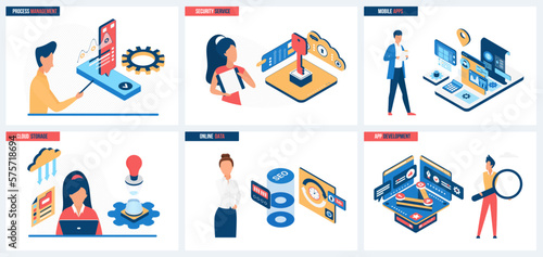 Process management and mobile application development, online data cloud storage, security services set vector illustration. Cartoon tiny people with magnifying glass work with digital machines
