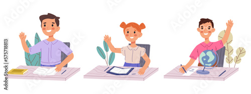 School kids raise hands. Boys and girls at classroom desk, primary school students lesson activity, studying pupils flat vector illustration set
