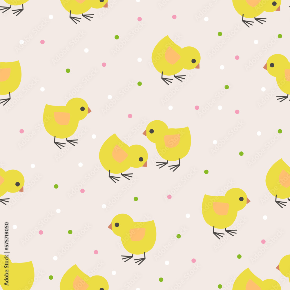 Seamless pattern with cute yellow chickens. For fabric design, wallpapers, backgrounds, wrapping paper and so on. Vector