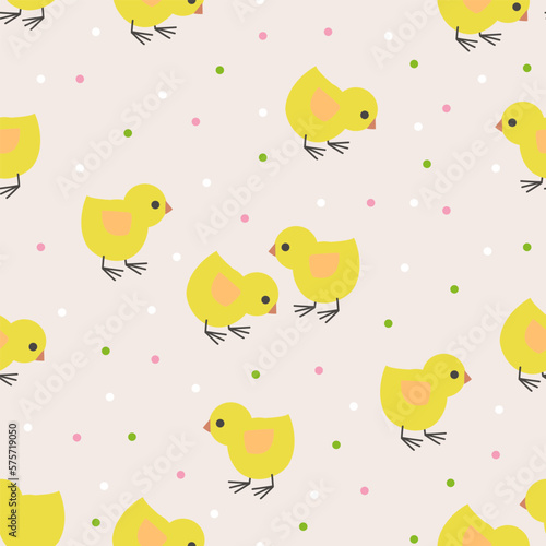 Seamless pattern with cute yellow chickens. For fabric design, wallpapers, backgrounds, wrapping paper and so on. Vector