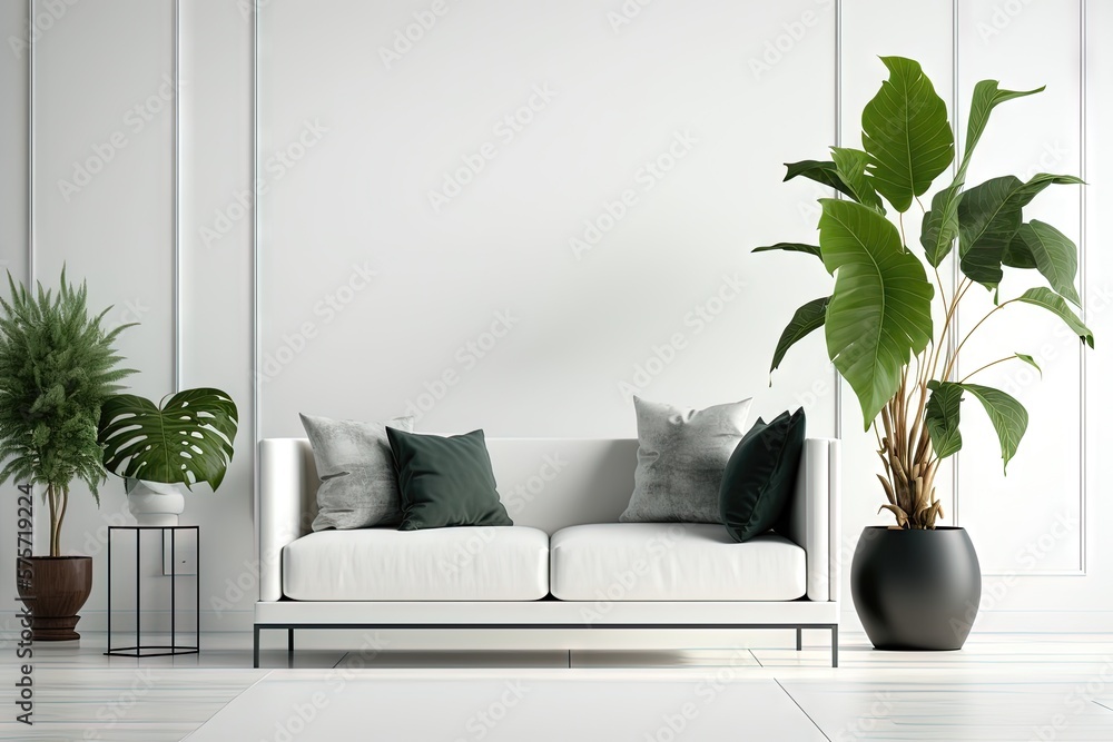 Salon moderne avec canapé et plante sur fond blanc. - obrazy, fototapety, plakaty 