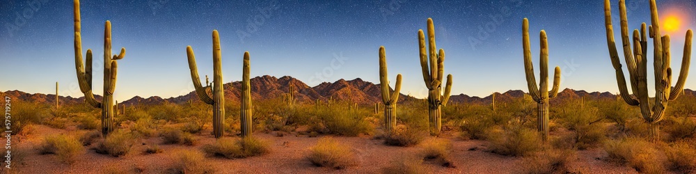 Saguaro desert landscape panoramic image during the daylight. no people--just untouched nature
