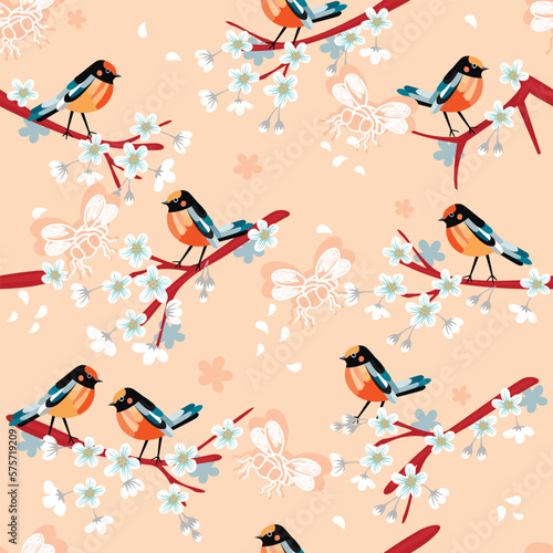 Cherry blossoms, birds and bees.Spring seamless pattern on pastel pink background.Floral print on fabric and paper.Colorful endless wallpaper with cartoon titmouse and graphic insects in vector.
