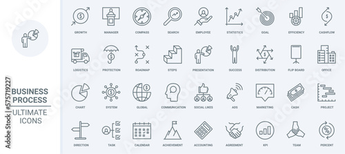 Business process thin line icons set vector illustration. Outline activity of office employees for project growth, target management and marketing system, statistics charts research and career ladder