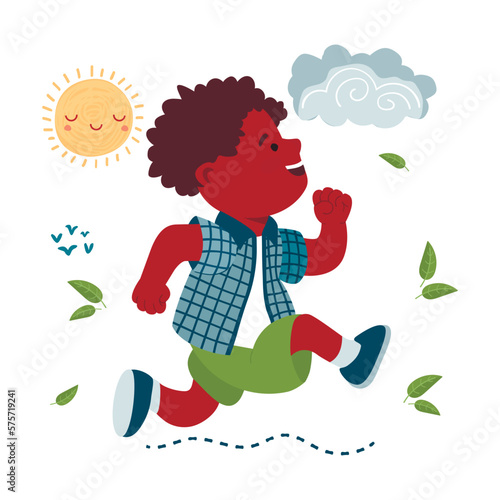 Running little boy.Happy child has fun in an active game. Character is dressed in summer clothes, printed shirt and shorts.White background with the sun,cloud and leaves.Cartoon flat illustration.
