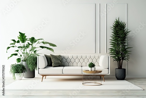 Salon moderne avec canap   et plante sur fond blanc.