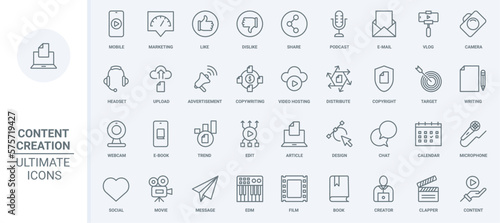 Content creation thin line icons set vector illustration. Outline copyright and marketing in social media, blog trends podcast to share, write and edit articles in computer or mobile phone, hosting
