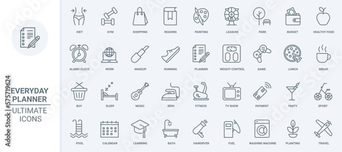 Planner thin line icons set vector illustration. Outline calendar mobile app symbols of healthy leisure and fitness workout in gym, diet control of health and weight, coffee break and payment