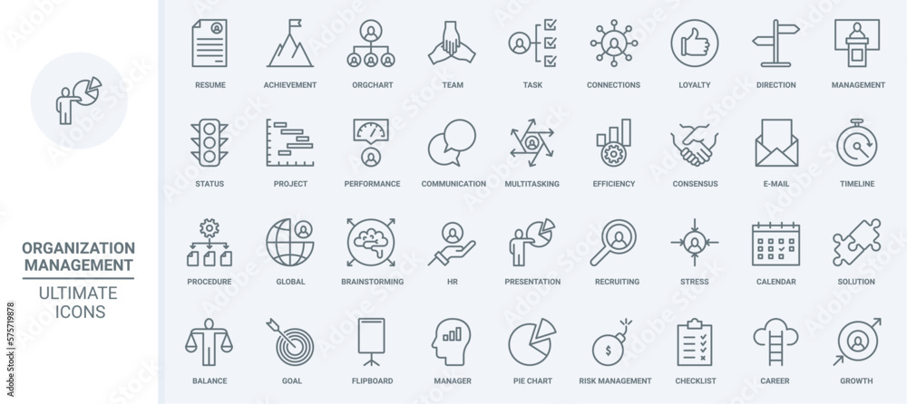 Business management, human resource organization thin line icons set vector illustration. Outline direction and efficiency of multitasking communication, recruiting and resume search, achievement - obrazy, fototapety, plakaty 