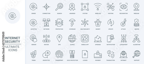 Online security thin line icons set vector illustration. Outline cybersecurity system and hosting on server, data update and protection with shield, accepted secure wireless connection and global GPS