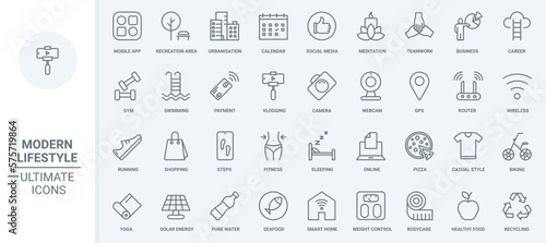 Modern lifestyle thin line icons set vector illustration. Outline symbols for fitness and yoga calendar, social media and vlog mobile apps, shopping and payment with credit card, wireless router