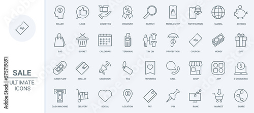 Store sales, ecommerce thin line icons set vector illustration. Outline marketing campaign with megaphone and planning with calendar, protection of money savings and shop mobile app notification