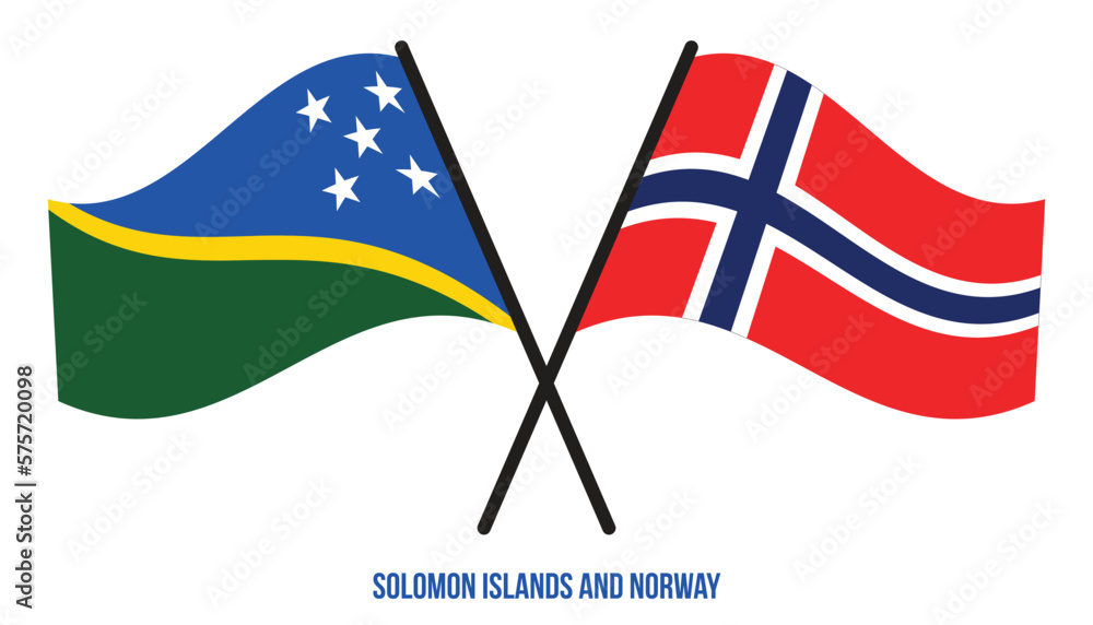 Solomon Islands and Norway Flags Crossed And Waving Flat Style. Official Proportion. Correct Colors.